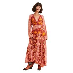 Free People Tilda Wrap Floral Maxi Dress Peach Gypsy Boho Womens Large NWT